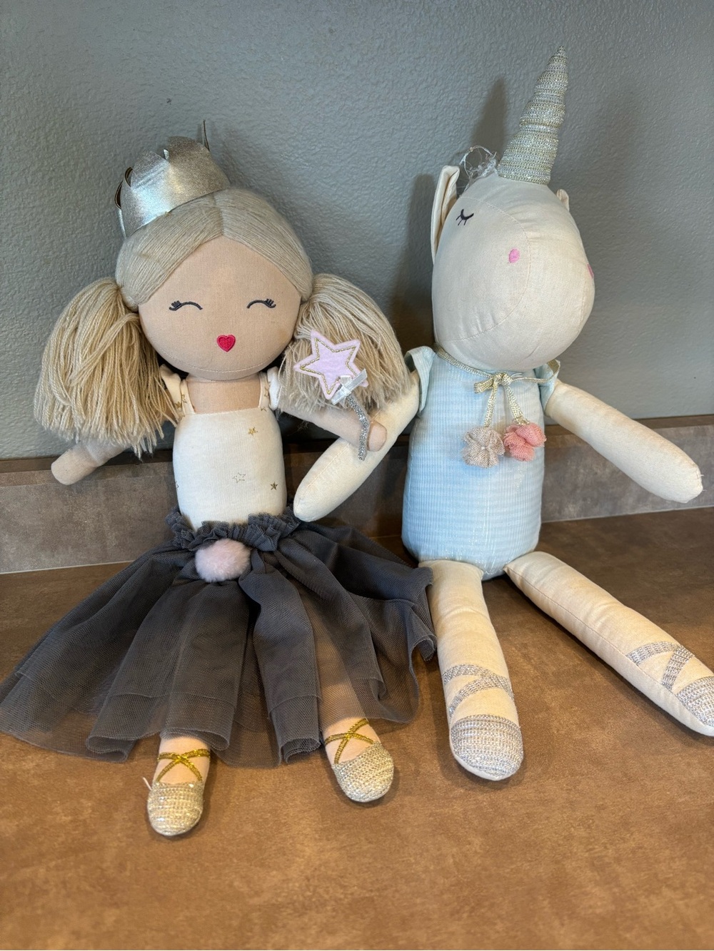 Plush knit/embroidered Fairy Doll and Unicorn Set - Gray, Cream, Light Blue